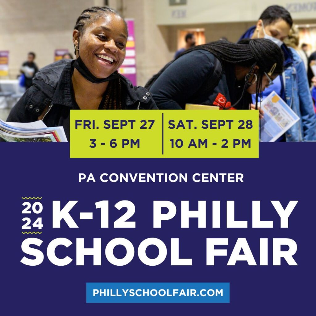 Girl laughing, 2024 K-12 Philly School Fair logo, Friday September 27th and Saturday September 28th